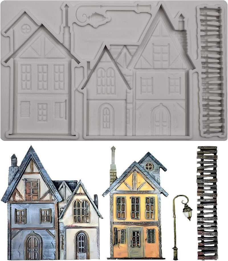 Caregene Victorian Houses Silicone Mold, Vintage Buildings Fondant Mold with Lamp Post, 7.95 x 4.92 inches, Gray - Image 1